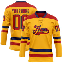 Load image into Gallery viewer, Custom Gold Red-Navy Hockey Lace Neck Jersey
