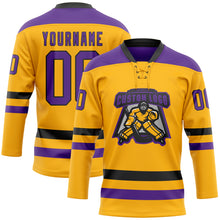 Load image into Gallery viewer, Custom Gold Purple-Black Hockey Lace Neck Jersey
