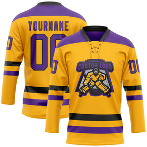 Custom Gold Purple-Black Hockey Lace Neck Jersey