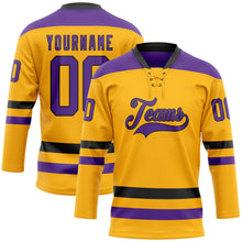 Load image into Gallery viewer, Custom Gold Purple-Black Hockey Lace Neck Jersey
