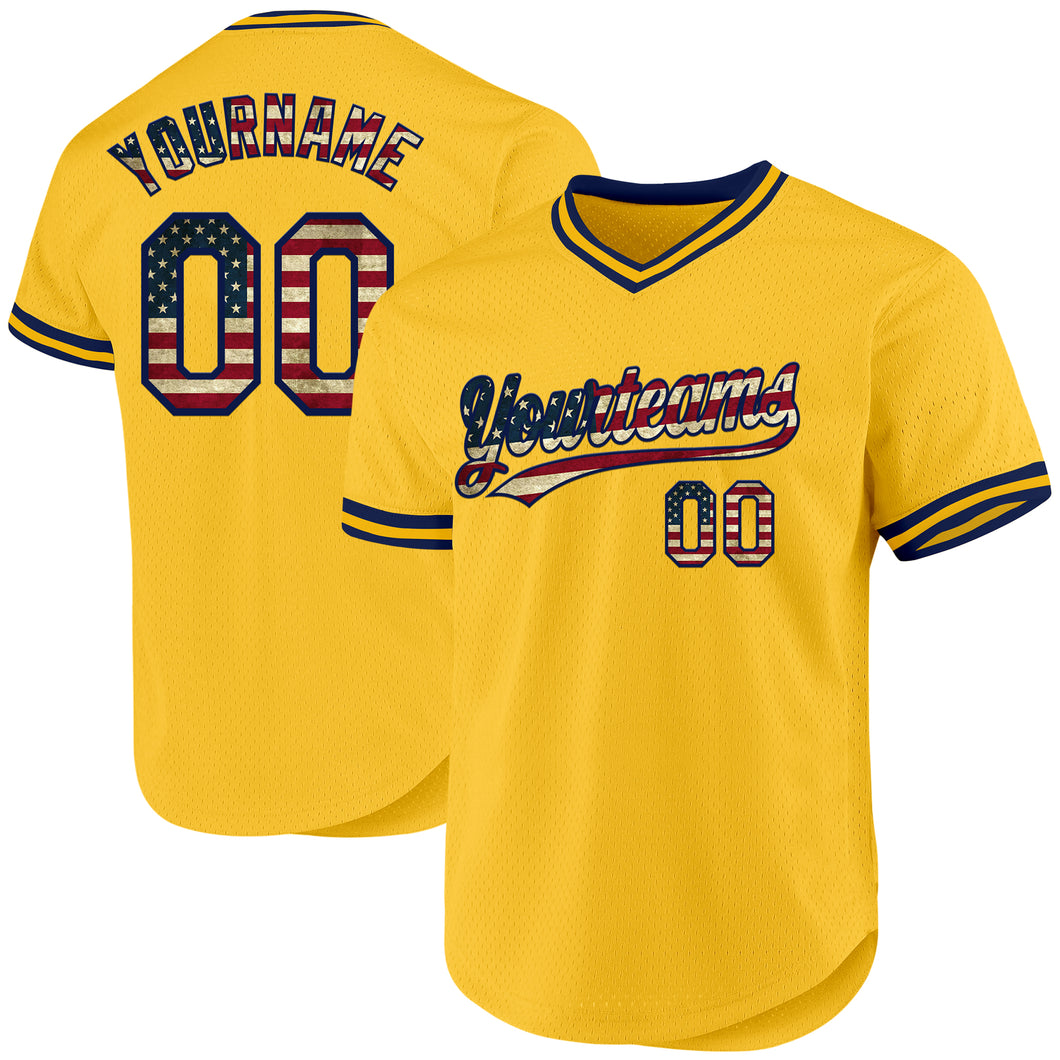 Custom Gold Vintage USA Flag-Navy Authentic Throwback Baseball Jersey