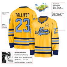 Load image into Gallery viewer, Custom Gold Light Blue-Navy Hockey Jersey
