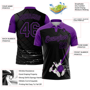 Custom Black Purple 3D Pattern Design Bowling Performance Polo Shirt