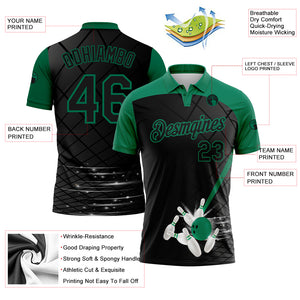 Custom Black Kelly Green 3D Pattern Design Bowling Performance Polo Shirt