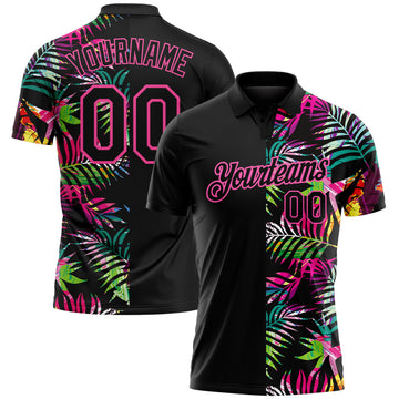 Custom Black Pink 3D Pattern Design Tropical Hawaii Palm Leaves Performance Golf Polo Shirt