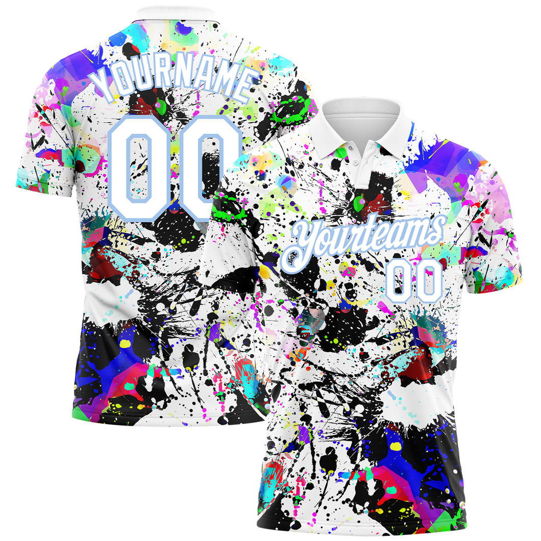 Custom Graffiti Pattern White-Light Blue 3D Splashes Performance Golf Polo Shirt