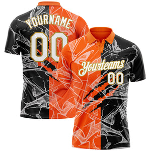 Custom Graffiti Pattern White Orange-Old Gold 3D Scratch Performance Golf Polo Shirt