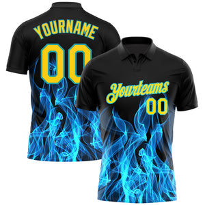 Custom Black Yellow-Teal 3D Pattern Design Flame Performance Golf Polo Shirt