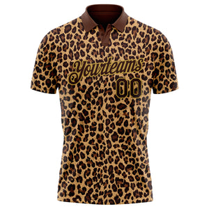 Custom Brown Old Gold 3D Pattern Design Leopard Print Performance Golf Polo Shirt