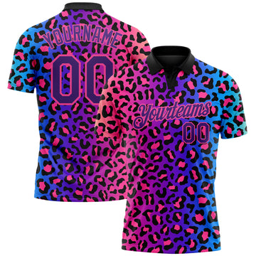 Custom Pink Purple-Black 3D Pattern Design Leopard Print Performance Golf Polo Shirt