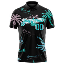 Load image into Gallery viewer, Custom Black Teal-White 3D Pattern Design Hawaii Palm Trees Performance Golf Polo Shirt
