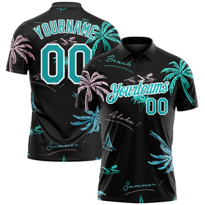 Custom Black Teal-White 3D Pattern Design Hawaii Palm Trees Performance Golf Polo Shirt