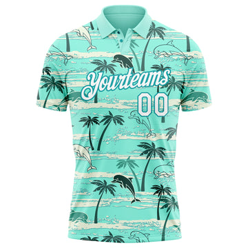 Custom Teal White 3D Pattern Design Hawaii Palm Trees Performance Golf Polo Shirt