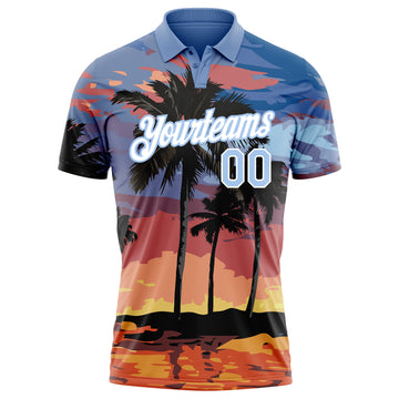 Custom Light Blue White 3D Pattern Design Hawaii Palm Trees Performance Golf Polo Shirt