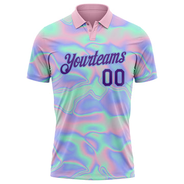 Custom Light Blue Purple 3D Pattern Design Abstract Trendy Holographic Vaporwave Style Performance Golf Polo Shirt