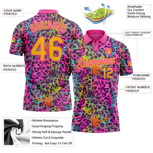 Custom Graffiti Pattern Yellow-Pink 3D Colorful Leopard Print Performance Golf Polo Shirt