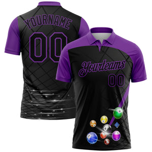 Custom Black Purple 3D Pattern Design Billiards Performance Polo Shirt