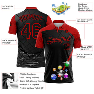 Custom Black Red 3D Pattern Design Billiards Performance Polo Shirt