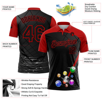 Custom Black Red 3D Pattern Design Billiards Performance Polo Shirt