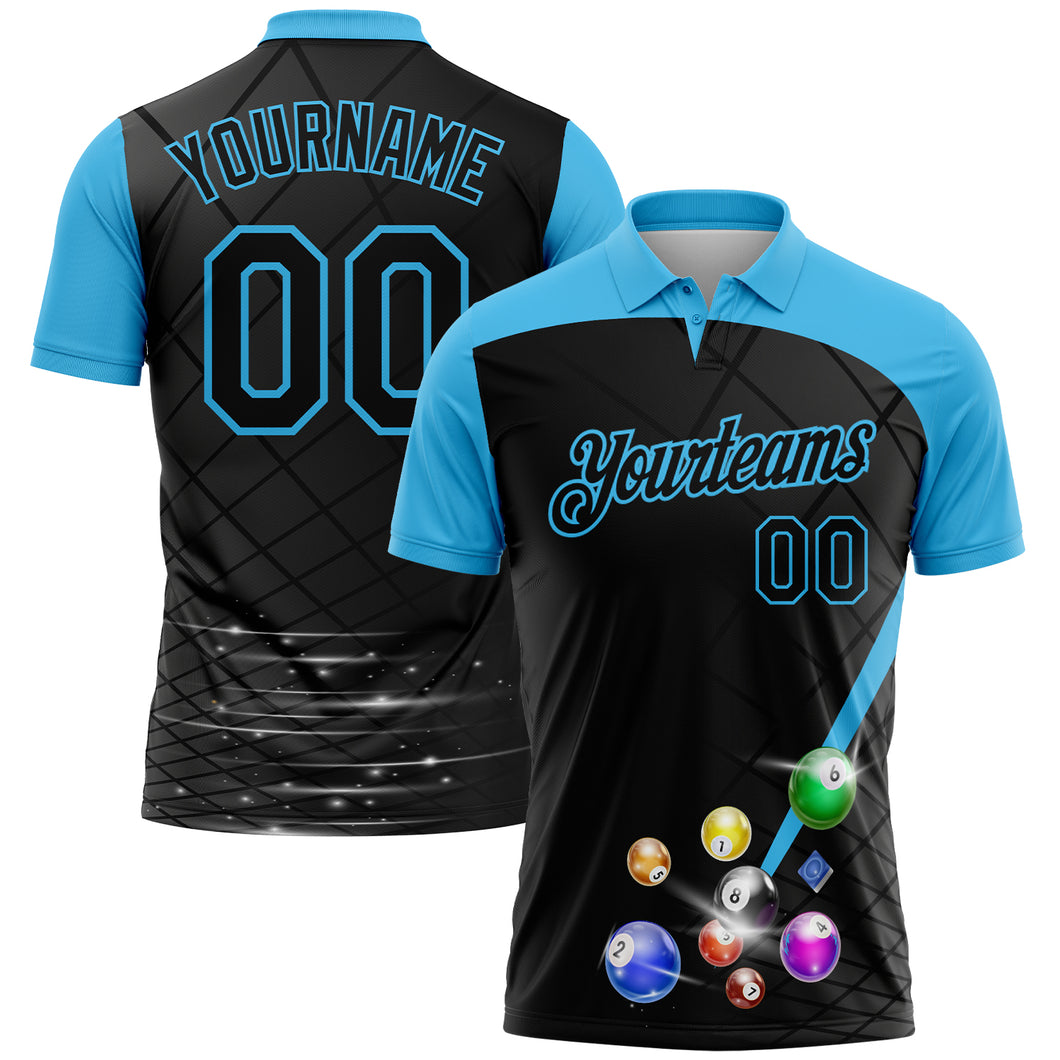 Custom Black Sky Blue 3D Pattern Design Billiards Performance Polo Shirt