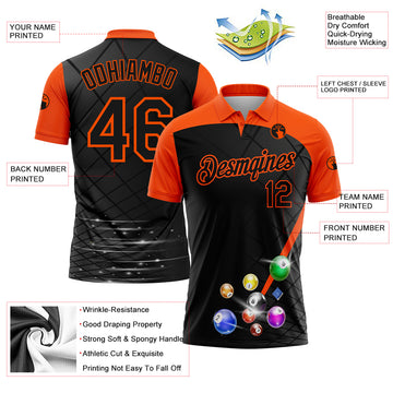 Custom Black Orange 3D Pattern Design Billiards Performance Polo Shirt