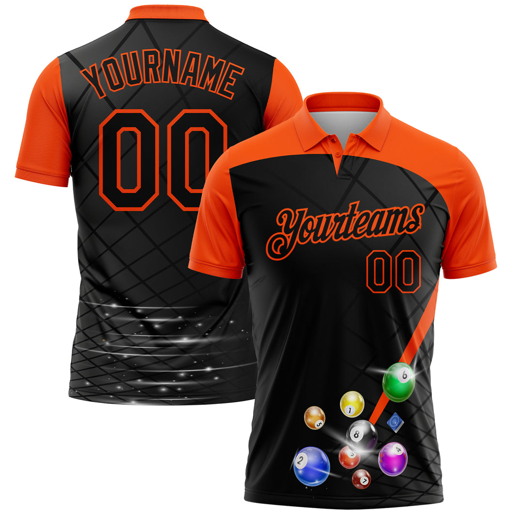 Custom Black Orange 3D Pattern Design Billiards Performance Polo Shirt