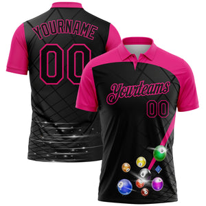 Custom Black Hot Pink 3D Pattern Design Billiards Performance Polo Shirt