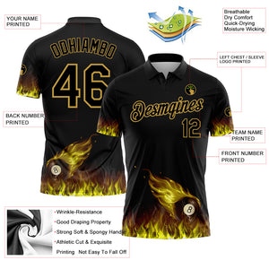 Custom Black Old Gold 3D Pattern Design Flame Billiards 8 Ball Performance Polo Shirt