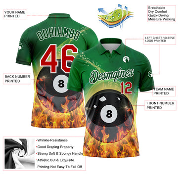 Custom Green Red-White 3D Pattern Design Flame Billiards 8 Ball Performance Polo Shirt