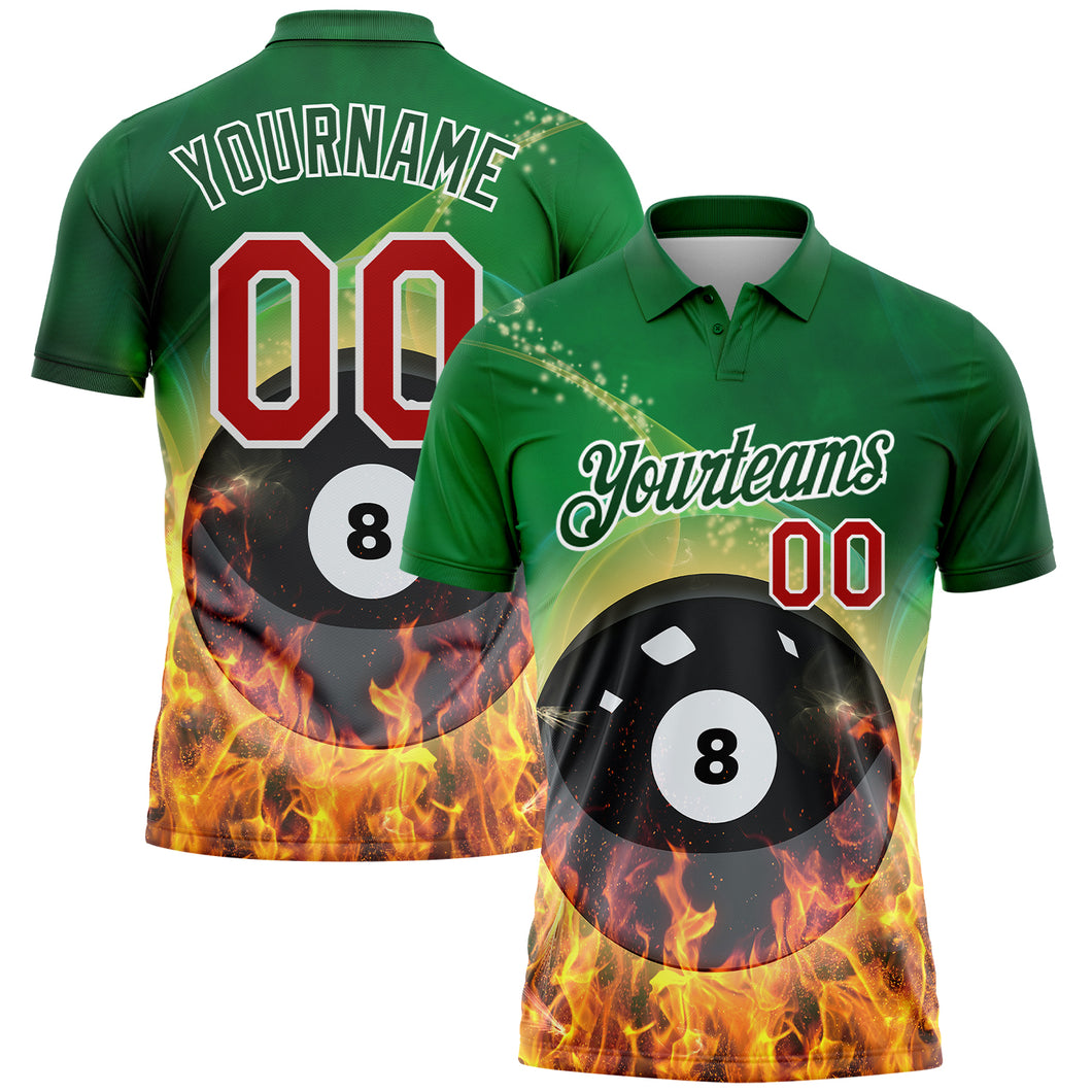 Custom Green Red-White 3D Pattern Design Flame Billiards 8 Ball Performance Polo Shirt