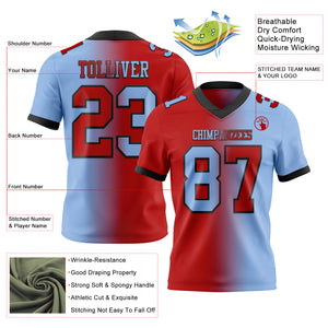 Custom Light Blue Red-Black Mesh Authentic Gradient Fashion Football Jersey