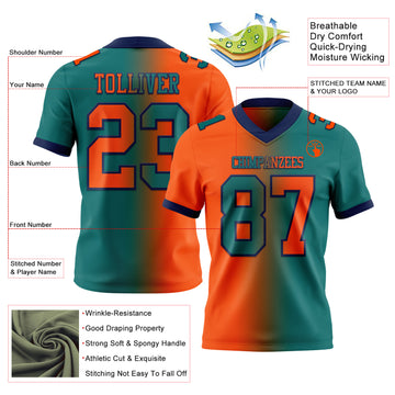 Custom Teal Orange-Navy Mesh Authentic Gradient Fashion Football Jersey