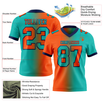 Custom Aqua Orange-Navy Mesh Authentic Gradient Fashion Football Jersey