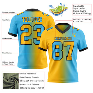 Custom Sky Blue Gold-Black Mesh Authentic Gradient Fashion Football Jersey