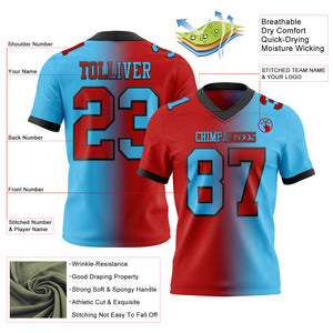 Custom Sky Blue Red-Black Mesh Authentic Gradient Fashion Football Jersey