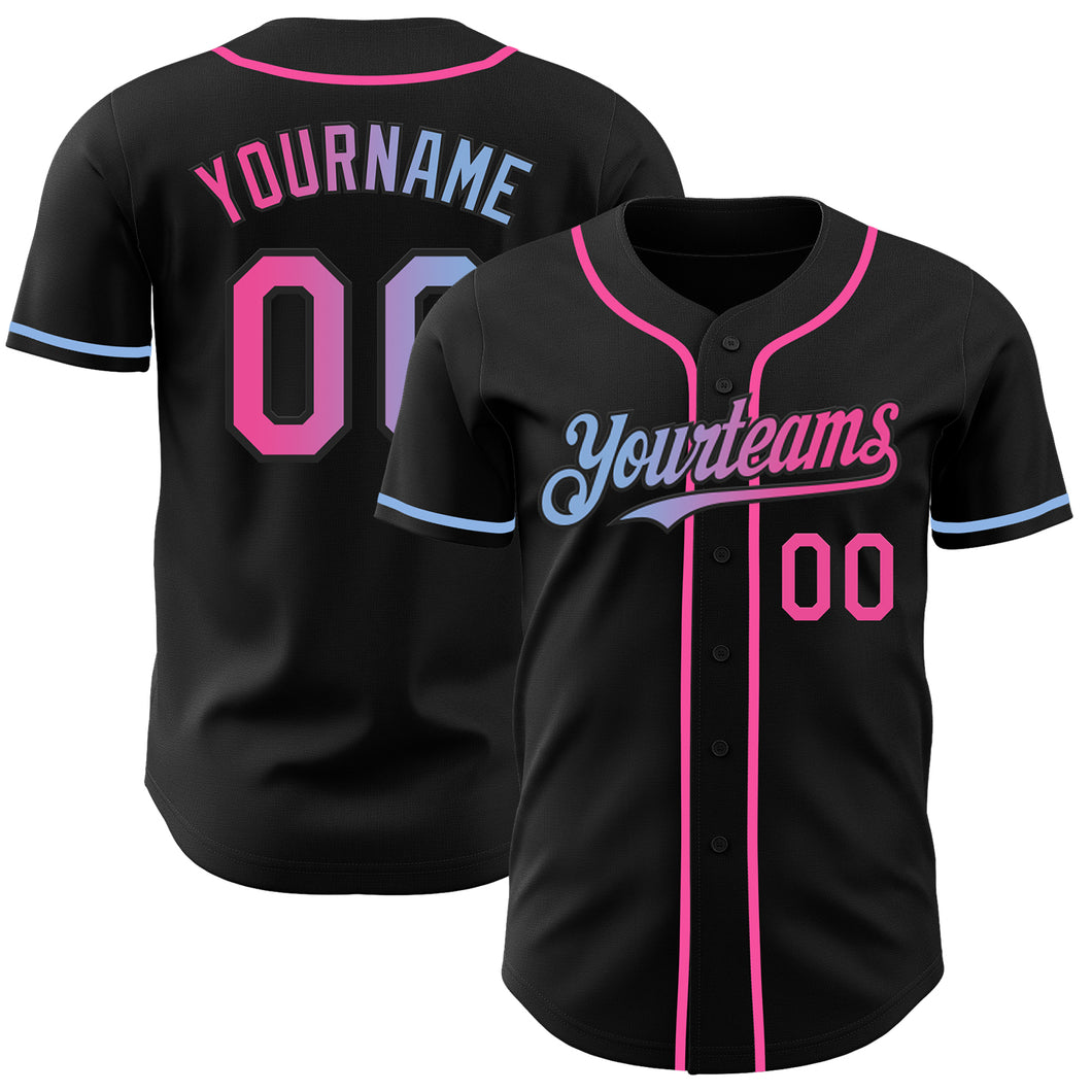 Custom Black Pink-Light Blue Authentic Gradient Fashion Baseball Jersey