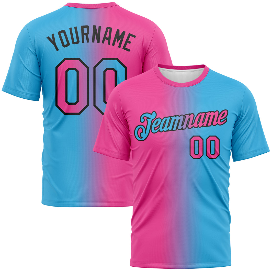 Custom Sky Blue Pink-Black Gradient Fashion Performance T-Shirt