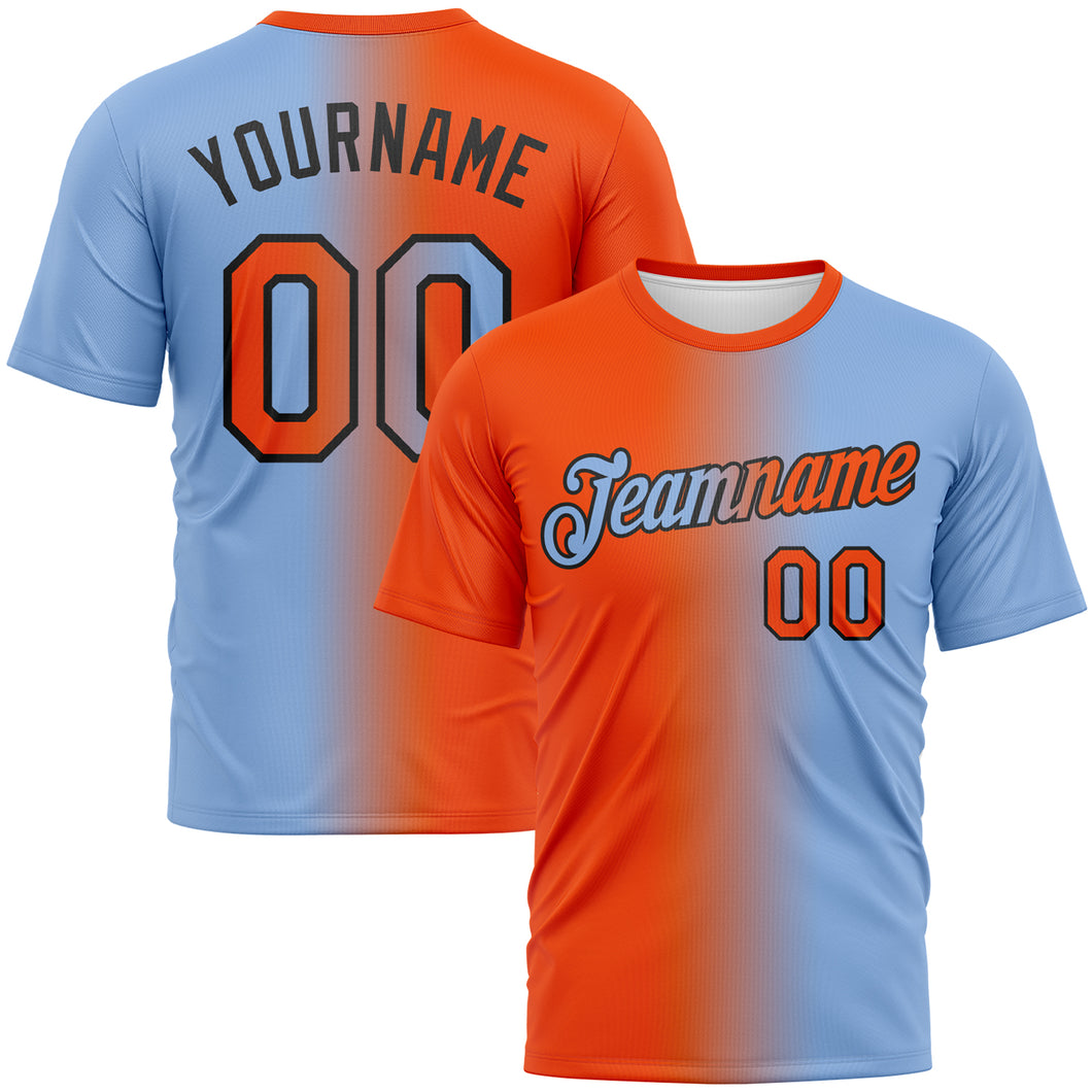 Custom Light Blue Orange-Black Gradient Fashion Performance T-Shirt