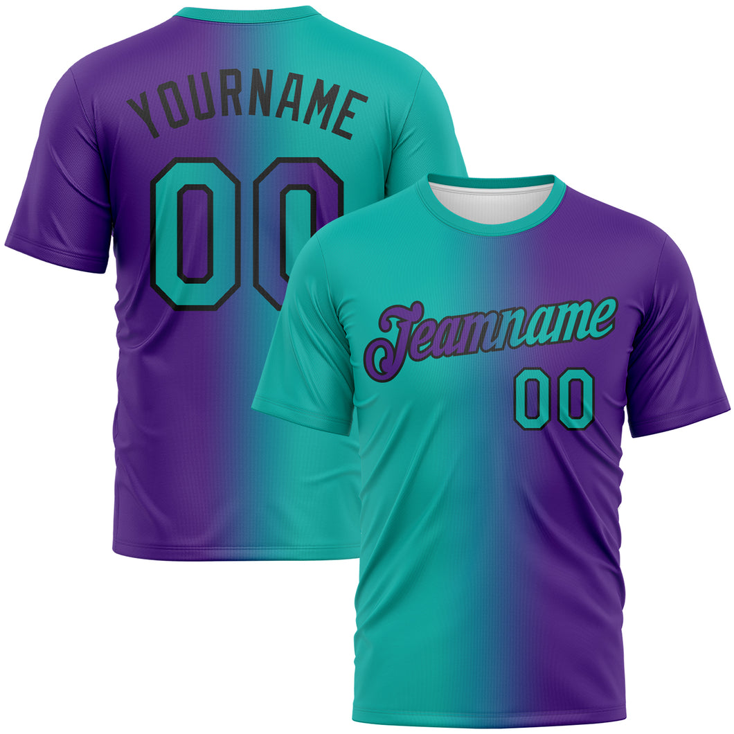 Custom Purple Aqua-Black Gradient Fashion Performance T-Shirt