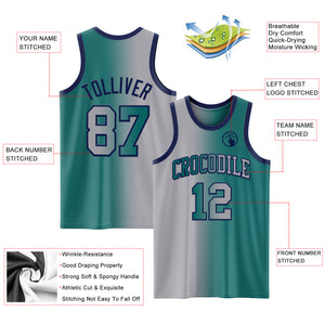 Custom Teal Gray-Navy Authentic Gradient Fashion Basketball Jersey