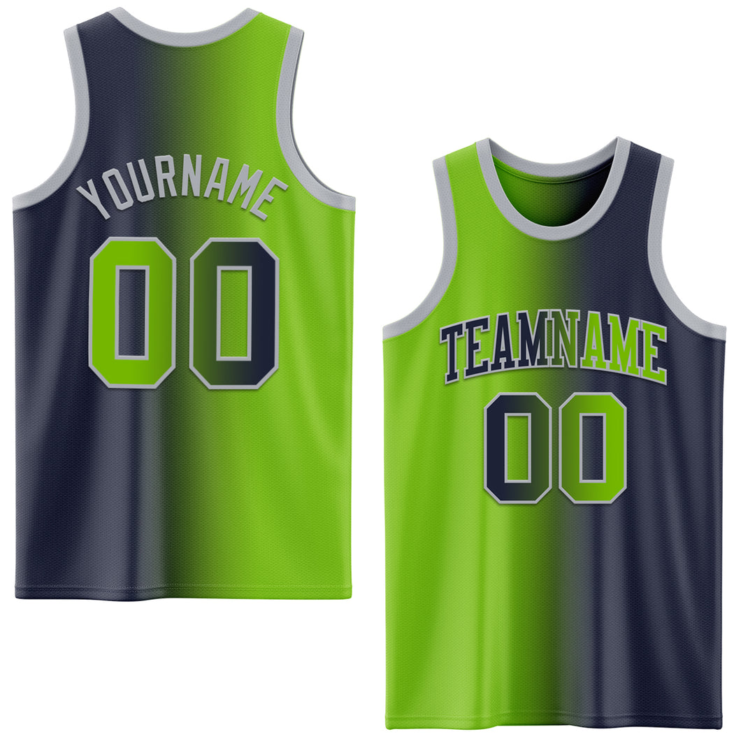 Custom Navy Neon Green-Gray Authentic Gradient Fashion Basketball Jersey