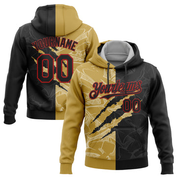 Custom Stitched Graffiti Pattern Black Old Gold-Red 3D Scratch Sports Pullover Sweatshirt Hoodie