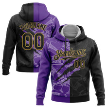 Load image into Gallery viewer, Custom Stitched Graffiti Pattern Black Purple-Old Gold 3D Scratch Sports Pullover Sweatshirt Hoodie
