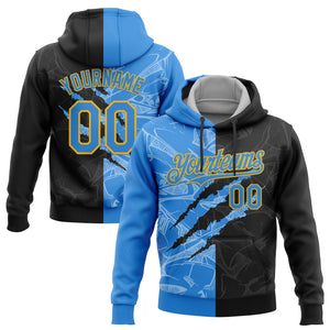 Custom Stitched Graffiti Pattern Black Powder Blue-Gold 3D Scratch Sports Pullover Sweatshirt Hoodie