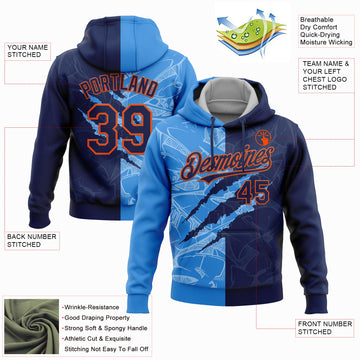 Custom Stitched Graffiti Pattern Navy Powder Blue-Orange 3D Scratch Sports Pullover Sweatshirt Hoodie