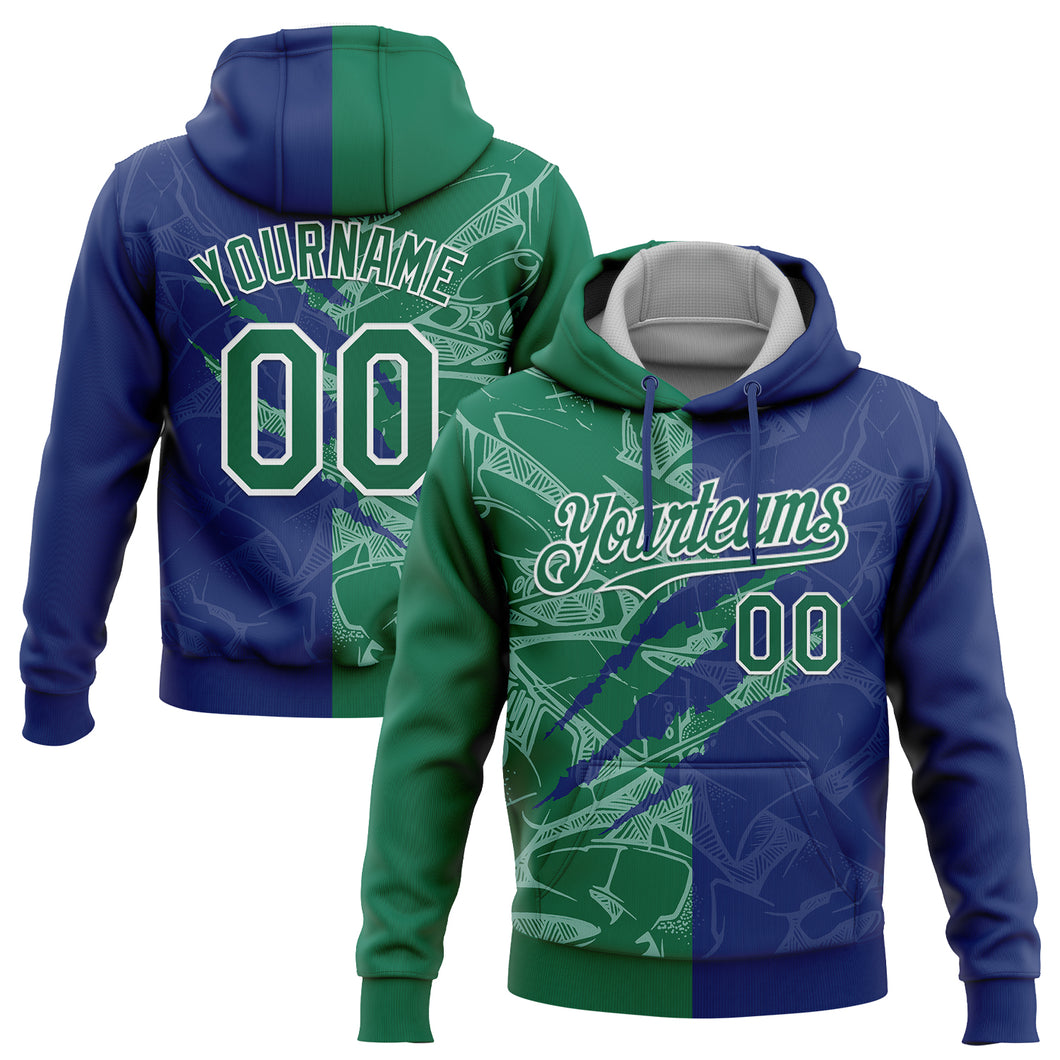 Custom Stitched Graffiti Pattern Kelly Green Royal-Gray 3D Scratch Sports Pullover Sweatshirt Hoodie