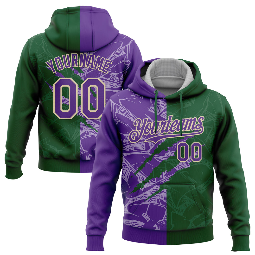 Custom Stitched Graffiti Pattern Purple Green-Cream 3D Scratch Sports Pullover Sweatshirt Hoodie