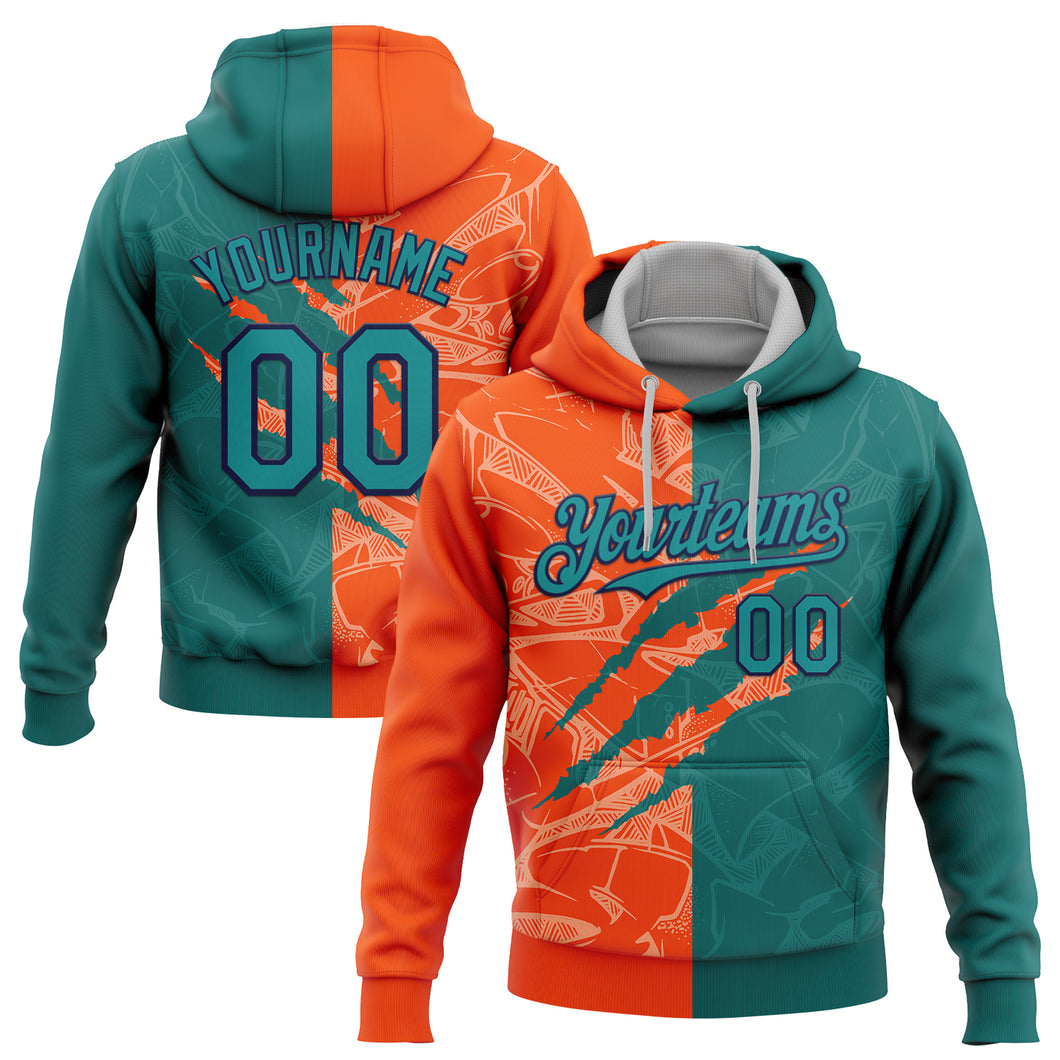 Custom Stitched Graffiti Pattern Teal Orange-Black 3D Scratch Sports Pullover Sweatshirt Hoodie