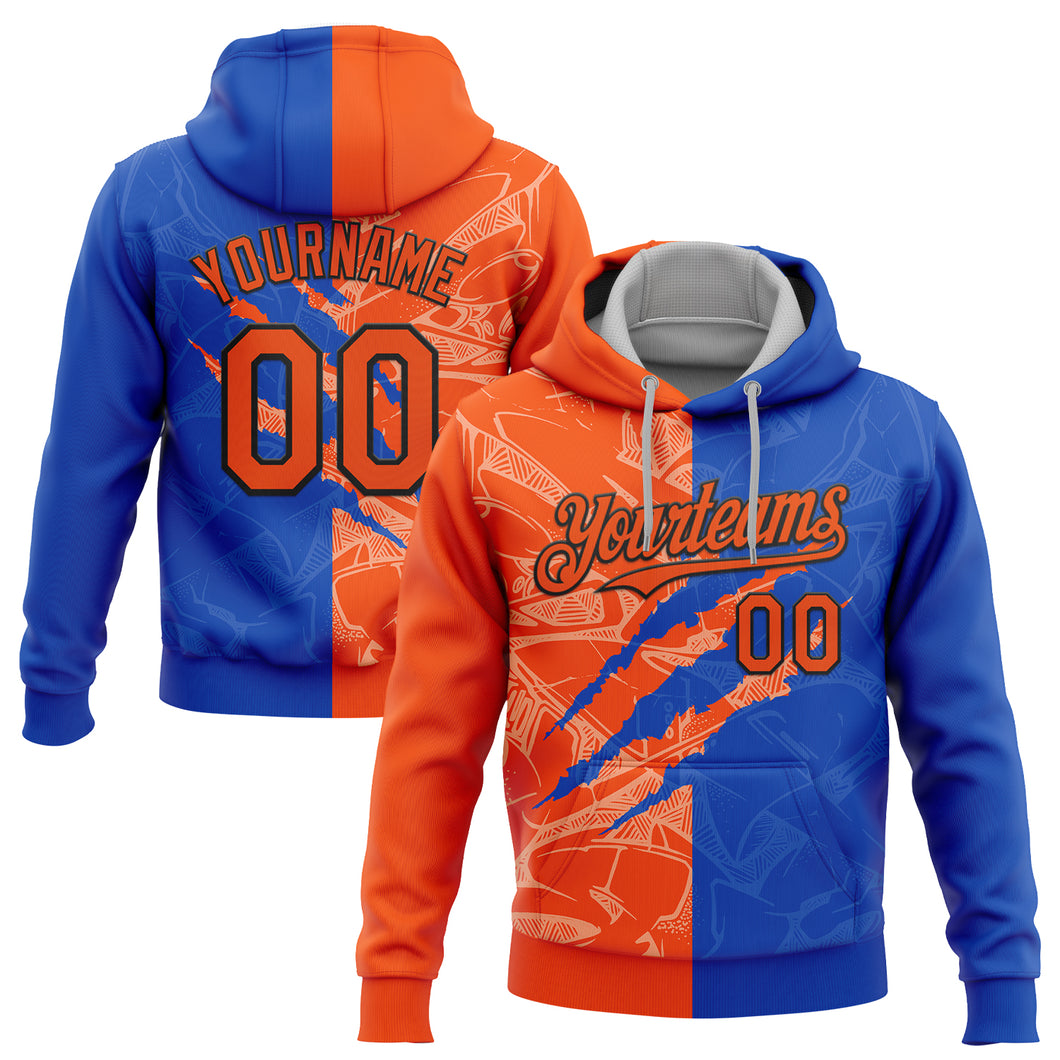 Custom Stitched Graffiti Pattern Orange Thunder Blue-Black 3D Scratch Sports Pullover Sweatshirt Hoodie