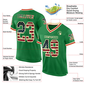 Custom Grass Green Vintage USA Flag Cream-Red Mesh Authentic Throwback Football Jersey